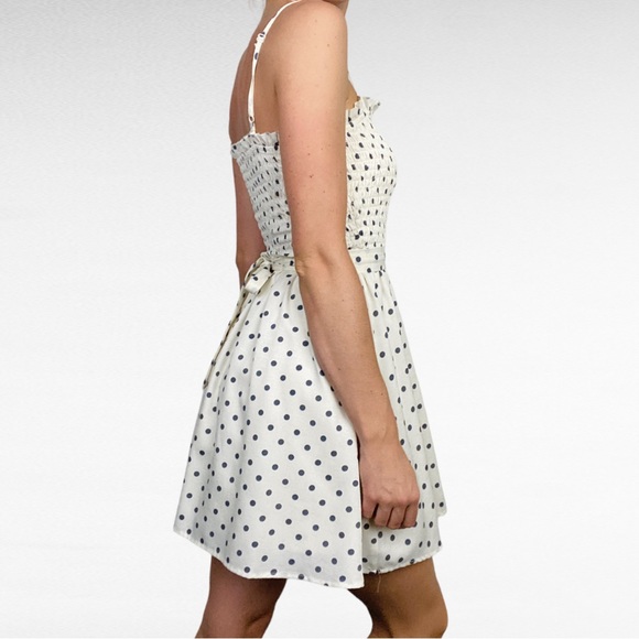 Francesca's Mi Ami | Ivory & Grey Polka Dot Belted Smocked Sleeveless Mini Dress - Picture 8 of 12